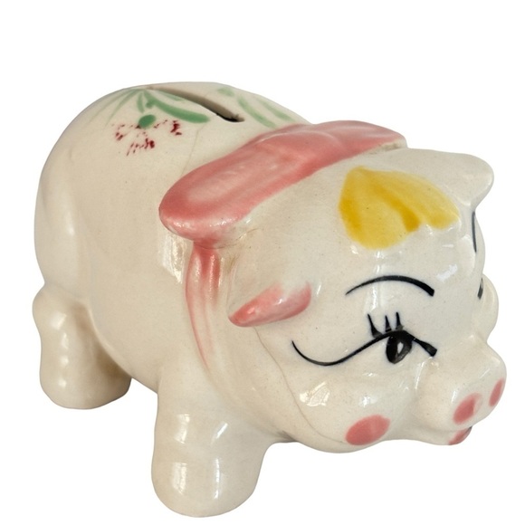 VTG Kitch Hand Painted Ceramic Piggy Coin Bank Floral Japan Mid Century Modern - Picture 6 of 15